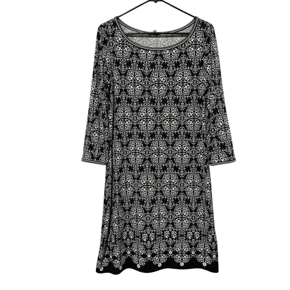 Max Studio Black White Geometric Boat Neck Shift Dress Womens L Work Career